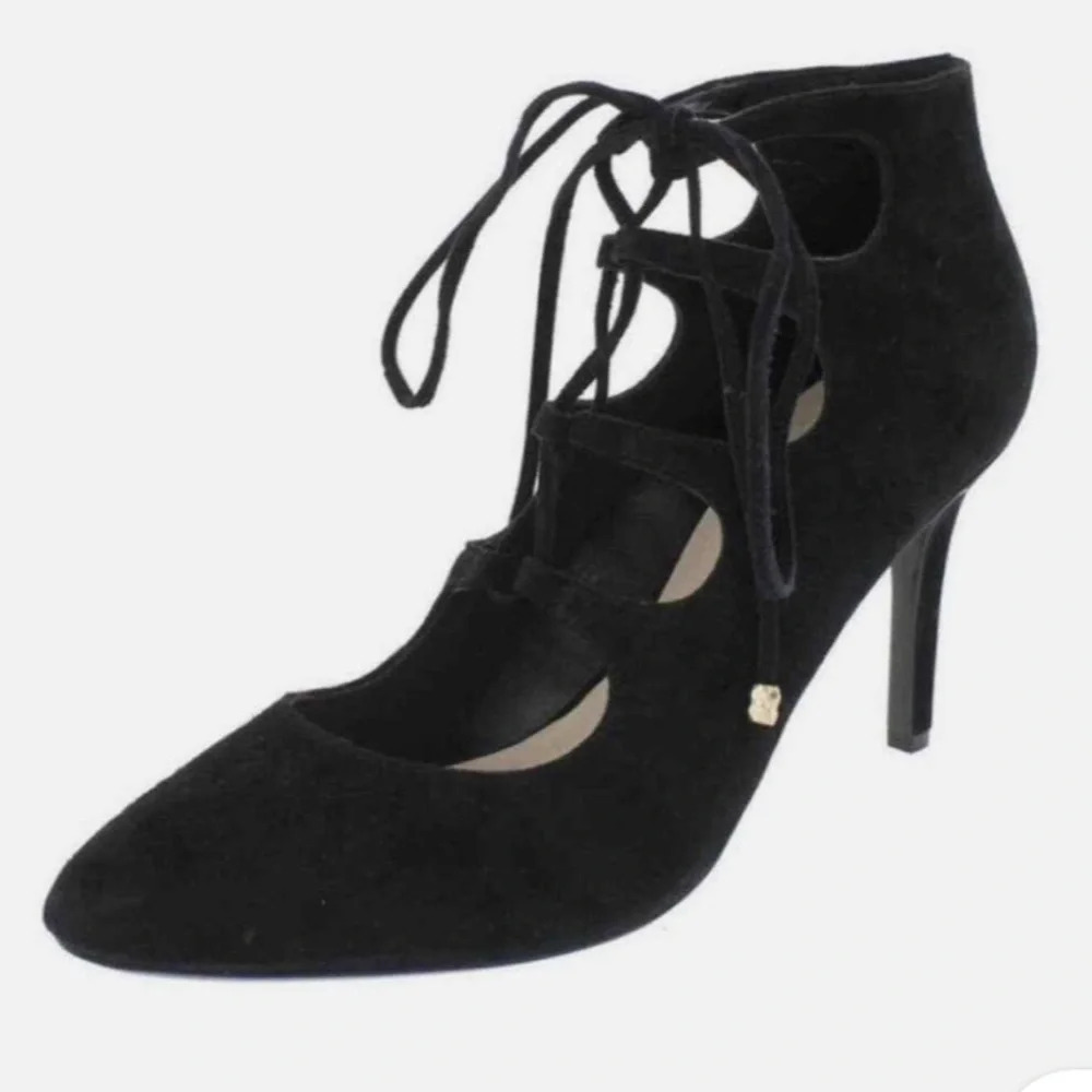 Karl Lagerfeld  Black Suede Pointed Toe Lace Up Pumps Womens Heel Whimsygoth 8.5